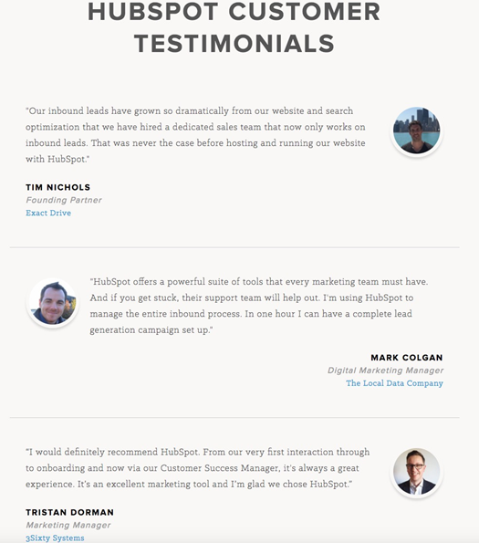 HubSpot的客戶評價頁面突出顯示了客戶積極正面的評價，給新的潛在客戶灌輸對HubSpot的信任。